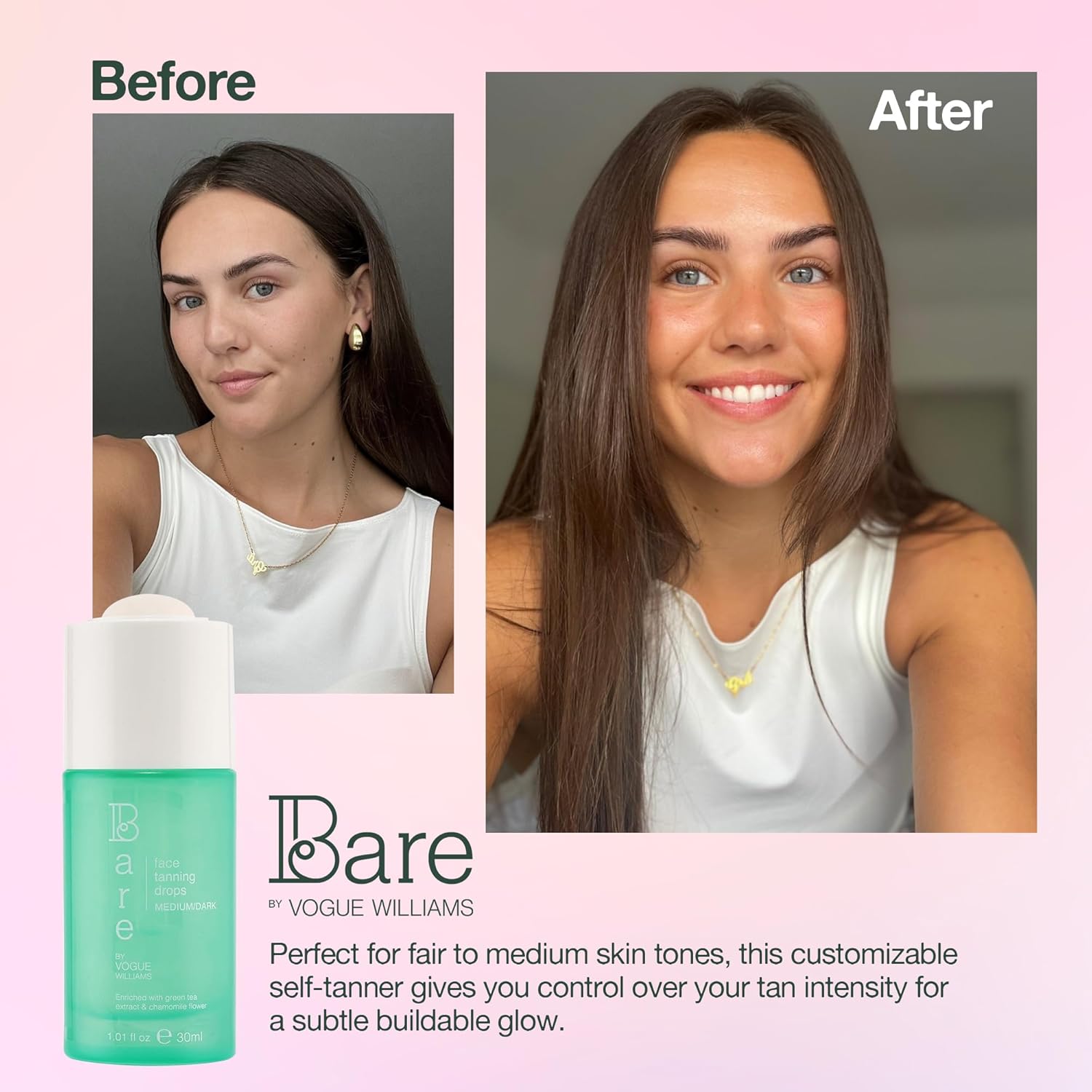 Bare By Vogue Face Tanning Drops - Medium/Dark, Customisable Sun-Kissed Glow - Infused with Green Tea, Chamomile, and Pomegranate Extract - For Smooth, Hydrating & Radiant Skin (30ml) : Amazon.co.uk: Beauty