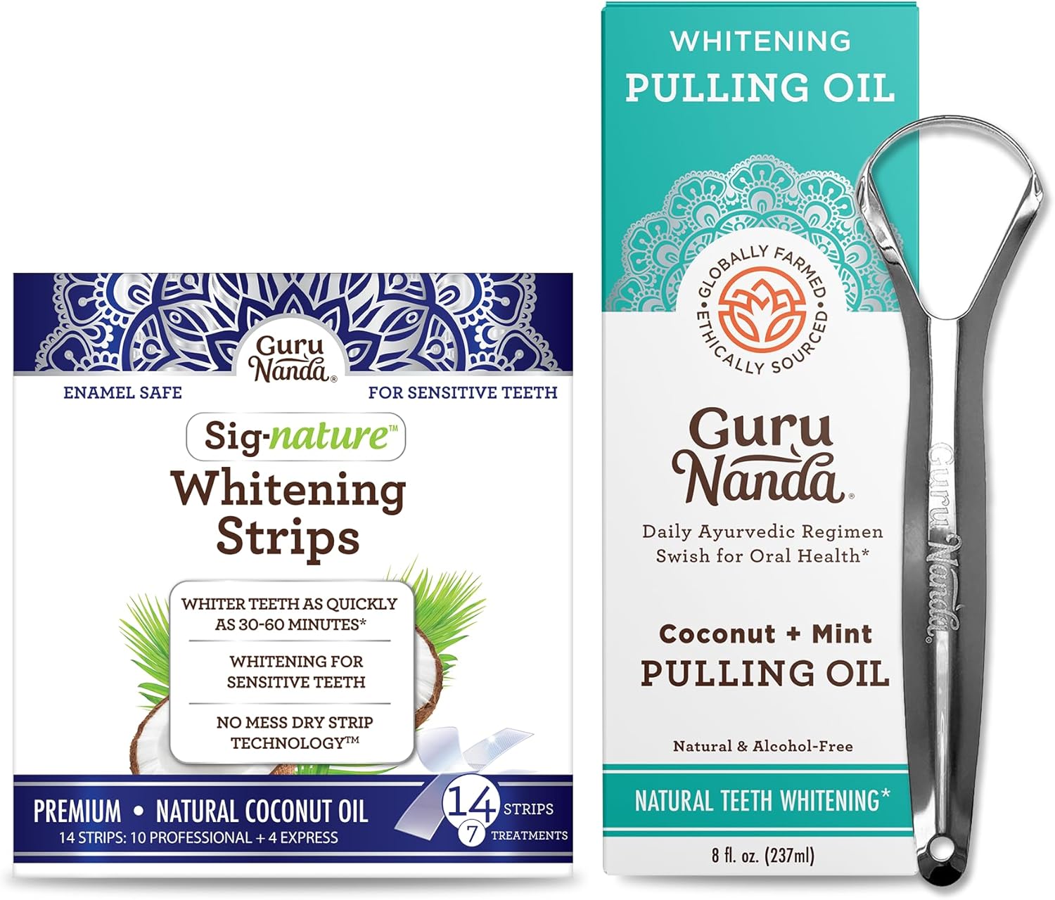 Gurunanda Coconut Oil Dental Care: Whitening Strips + Oil Pulling - Helps Brighten Teeth, Freshen Breath, Healthy Gums - 14 Whitening Strips + 8Oz Oil Pulling For Complete Oral Care