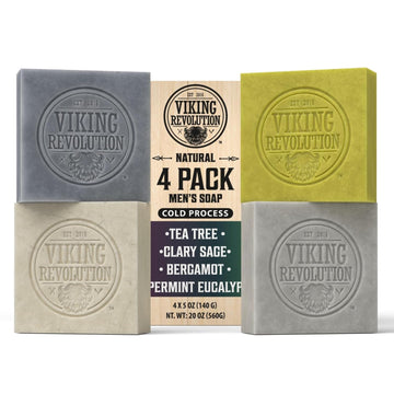 Viking Revolution Natural Soap For Men - Mens Soap Bar With Essential Oils Cold Pressed Bar Soap For Men - Nourishing Soap With Tea Tree, Clary Sage, Peppermint Eucalyptus, Bergamot (4 Pack)