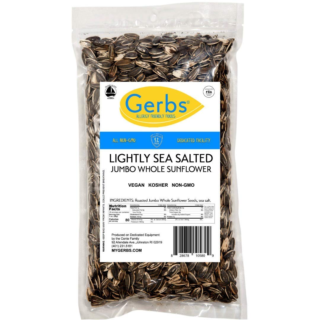 GERBS Jumbo Lightly Sea Salted Whole Sunflower Seeds 14 oz. Resealable Bag | Top 14 Allergy Free | Superfood | Crack shell eat Kernel | Grown in USA