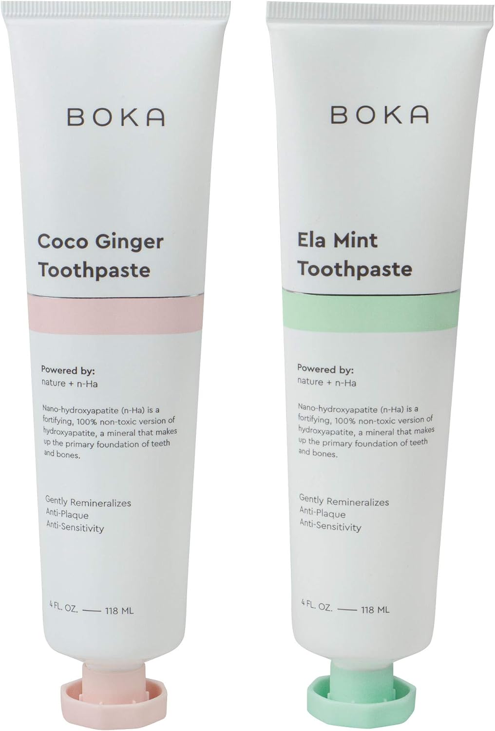 Boka Fluoride Free Toothpaste - Nano Hydroxyapatite, Remineralizing, Sensitive Teeth, Whitening - Dentist Recommended for Adult, Kids - Ela Mint and Coco Ginger Natural Flavor - 4oz (Pack of 2)