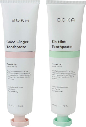 Boka Fluoride Free Toothpaste - Nano Hydroxyapatite, Remineralizing, Sensitive Teeth, Whitening - Dentist Recommended for Adult, Kids - Ela Mint and Coco Ginger Natural Flavor - 4oz (Pack of 2)