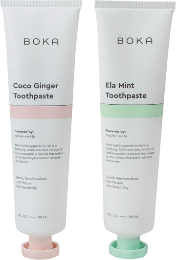 Boka Fluoride Free Toothpaste - Nano Hydroxyapatite, Remineralizing, Sensitive Teeth, Whitening - Dentist Recommended For Adult, Kids - Ela Mint And Coco Ginger Natural Flavor - 4Oz (Pack Of 2)