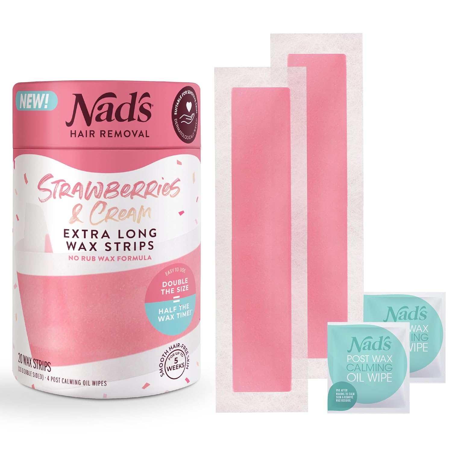 Nad's Body Wax Strips - Extra Long Waxing Strips - Hair Removal For Women - Waxing Kit with 20 Wax Strips + 4 Calming Oil Wipes