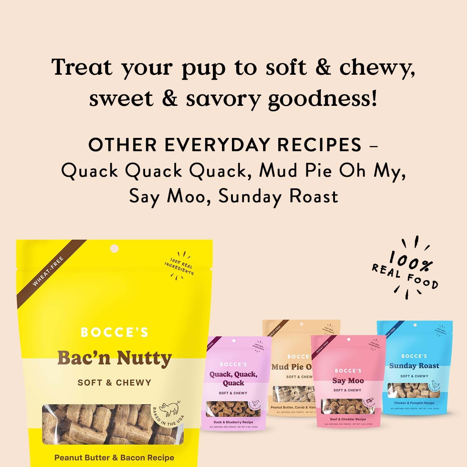 Bocce's Bakery Bac'n Nutty Soft & Chewy Dog Treats, Wheat-Free PB & Bacon Flavored All Natural Limited Ingredient Oven Baked Cookies for Dogs, 6 oz Bag : Pet Supplies