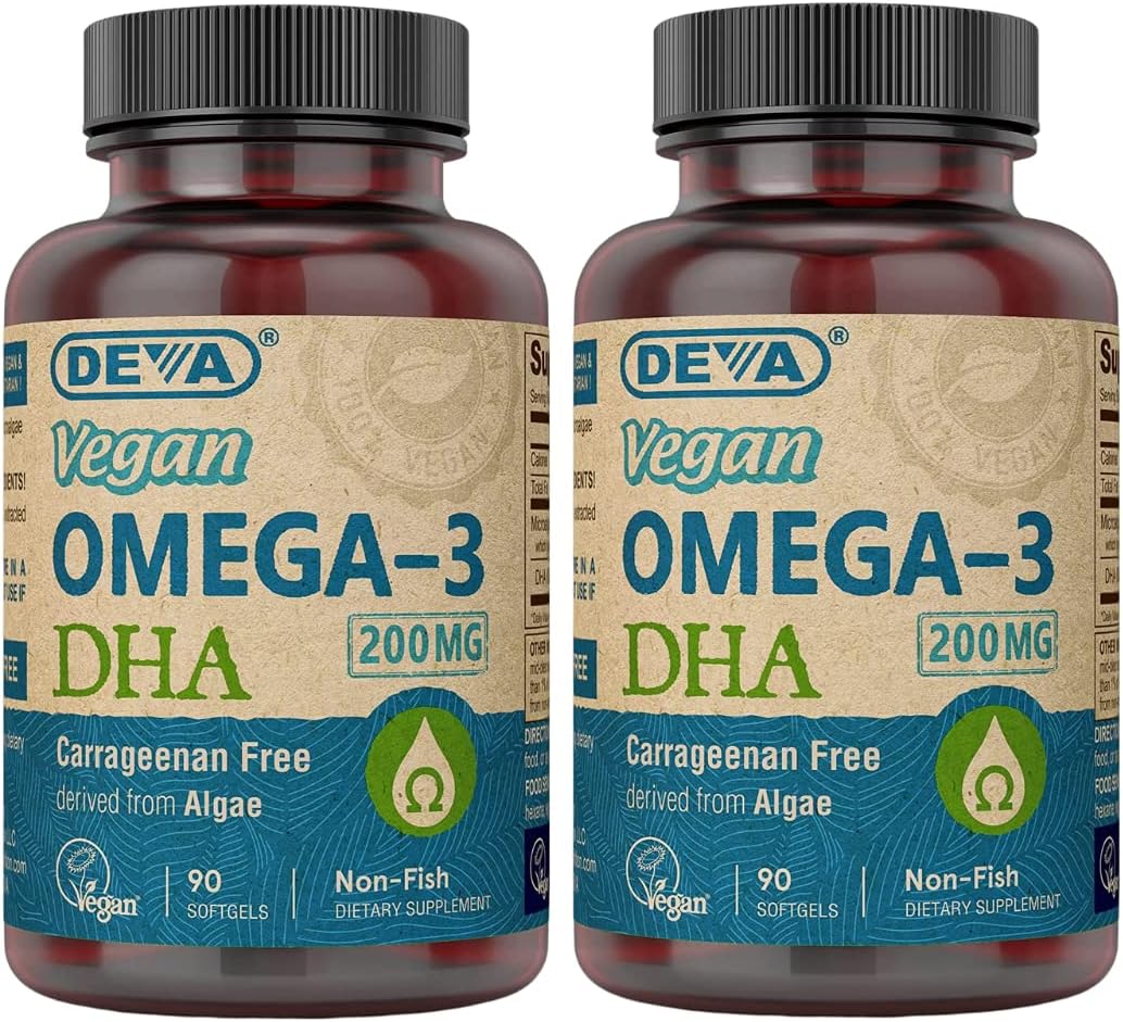 DEVA Vegan Omega-3 DHA Supplement, Once-Per-Day Softgel 200 MG, Carrageenan Free, Gelatin Free, Non-Fish, Algae Oil, Omega-3 Fatty Acids - 90 Softgels (Pack of 2)