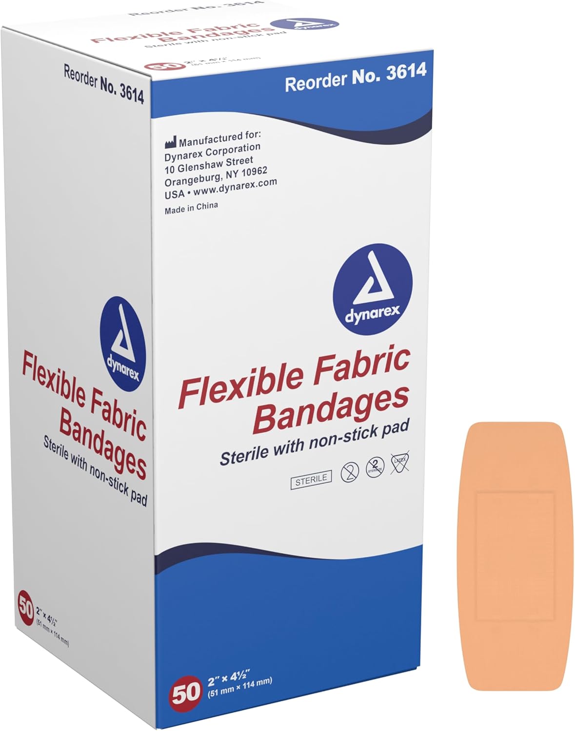 Dynarex 3614 Fabric Adhesive Bandage, Sterile & Flexible Fabric Bandage for Wounds, Non-Stick Pads, Individually-Wrapped First Aid Supplies, No Latex, 2x4-1/2", Pack of 50 : Dynarex: Health & Household