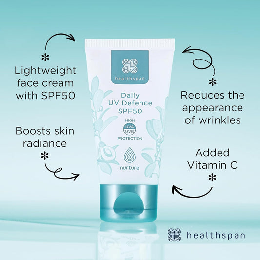 Healthspan Daily Uv Defence Spf50 | High Uva And Uvb Sun Protection | Lightweight Face Cream With Spf50 | Helps To Reduce The Appearance Of Wrinkles | Added Superox-C™ Vitamin C