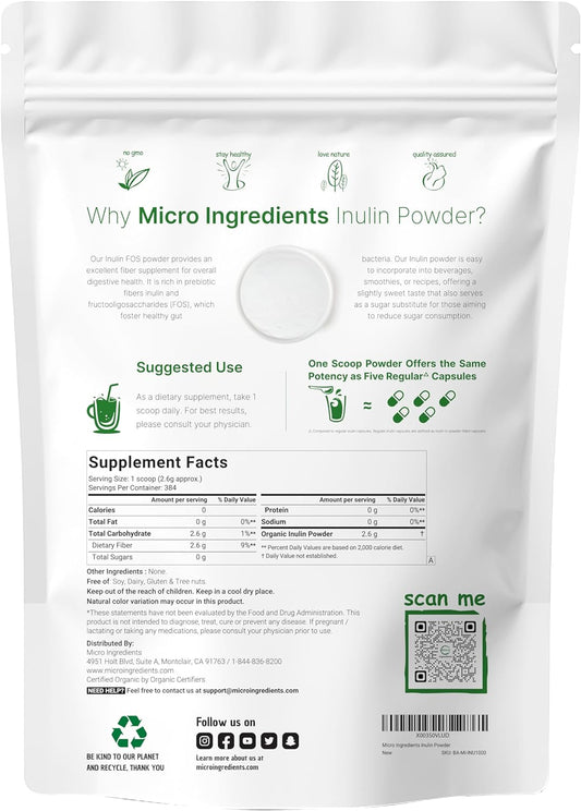 Organic Inulin Fos Powder (Jerusalem Artichoke), 2.2 Pounds (35 Ounce), Quick Water Soluble, Prebiotic Intestinal Support For Colon And Gut Health, Natural Fibers For Smoothie & Drinks, Vegan Friendly