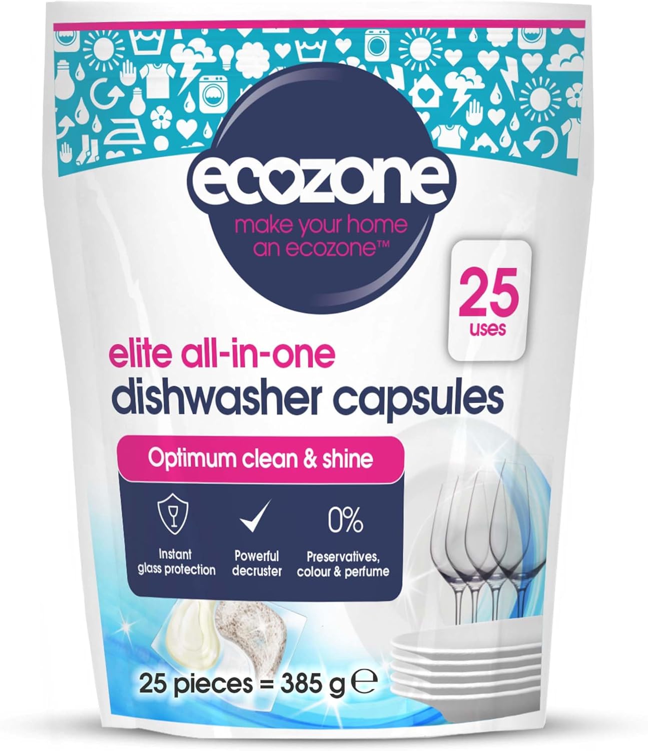 Ecozone Optimum All In One Dishwasher Capsules X 25, Dishwashing Tablets With Salt, Rinse Aid & Extra Dry Effect, Powerful Degreaser & Dish Washer Tabs, Eco Conscious & Gentle On Appliances