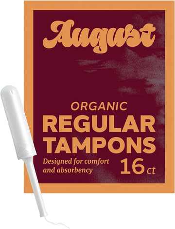 August Organic Cotton Tampons, Regular tampons, BPA Free Long Applicators, Non-toxic Organic tampons, Fragrance-Free, Chlorine-free, Hypoallergenic, 16 Count