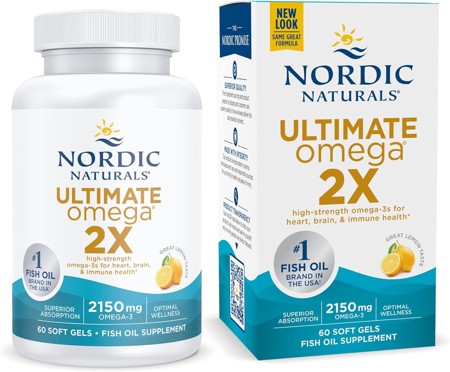 Nordic Naturals Ultimate Omega 2X, Lemon Flavor - 60 Soft Gels - 2150 mg Omega-3 - High-Potency Omega-3 Fish Oil with EPA & DHA - Promotes Brain & Heart Health - Non-GMO - 30 Servings