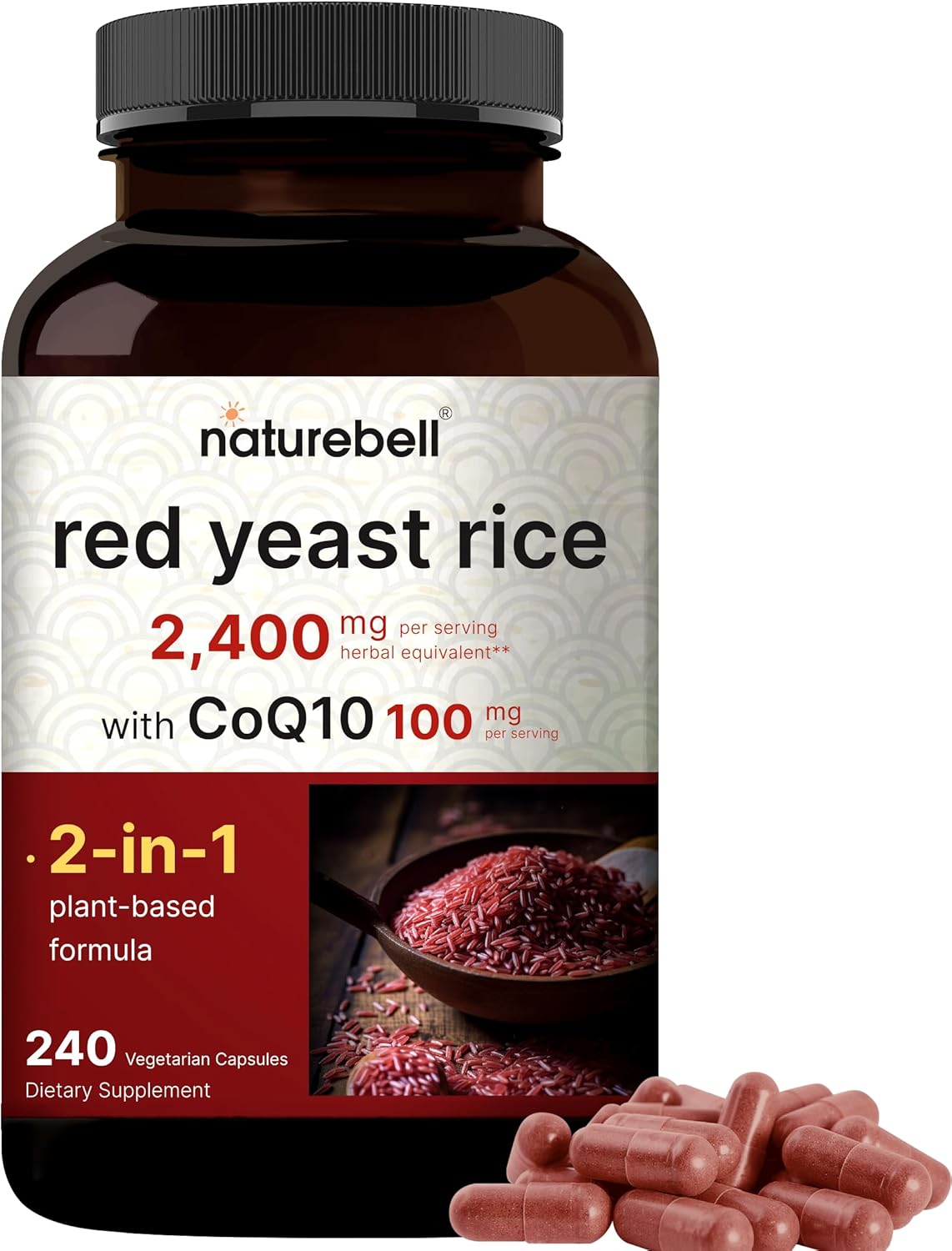 Naturebell Red Yeast Rice 2,400Mg With Coq10 100Mg | 240 Veggie Capsules (1,200Mg Per Capsule) – Max Strength Herbal Supplement – Antioxidant Support For Energy & Heart Health – Non-Gmo