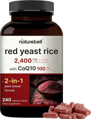 Naturebell Red Yeast Rice 2,400Mg With Coq10 100Mg | 240 Veggie Capsules (1,200Mg Per Capsule) – Max Strength Herbal Supplement – Antioxidant Support For Energy & Heart Health – Non-Gmo