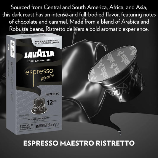 Lavazza Espresso Ristretto Dark Roast Arabica & Robusta Aluminum Capsules Compatible With Nespresso Original Machines (Pack Of 60) ,Value Pack, Intense And Full Bodied, Dark Crema, Intensity 12 Of 13