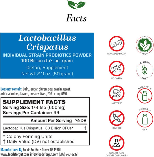 Lactobacillus Crispatus Probiotic Powder 100 Billion Cfu'S | No Additives | Digestive & Immune Support | High Potency | L. Crispatus | (100 Gram)