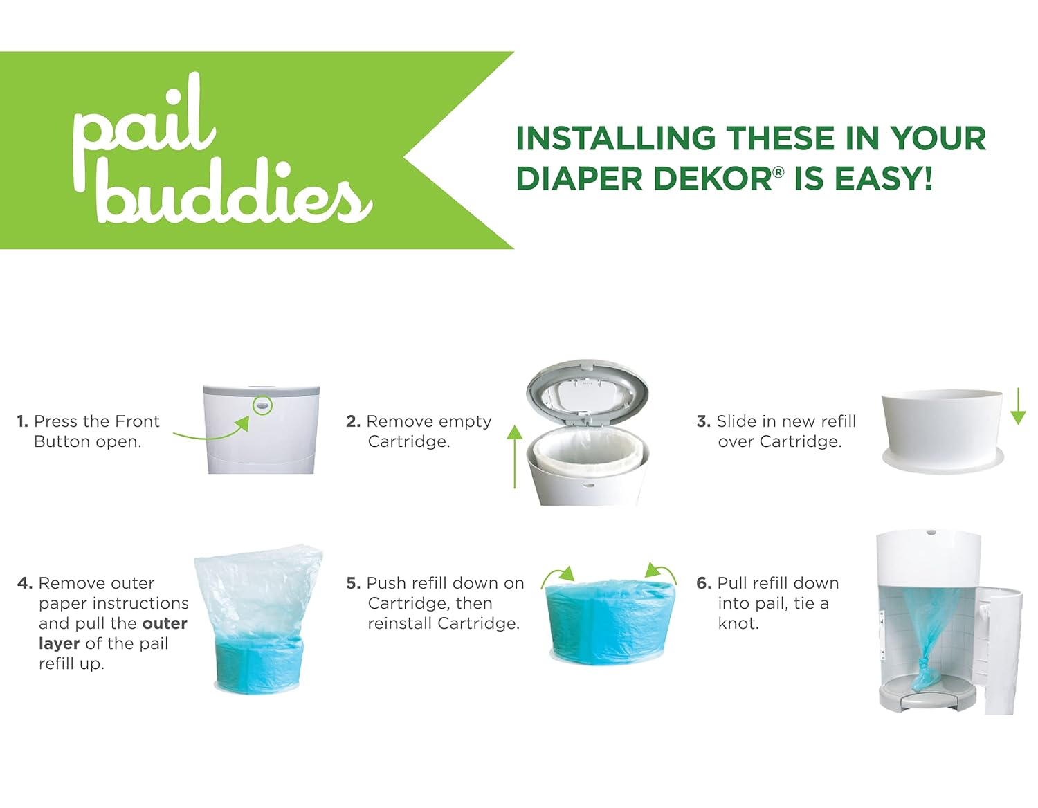 Pail Buddies Diaper Pail Refills | 6 Count | Compatible With Dekor Plus Diaper Pail | Strong, Durable Diaper Pail Refills With Fresh, Baby Powder Scent