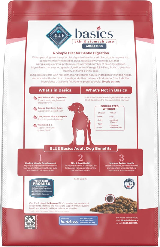 Blue Buffalo Basics Adult Dry Dog Food For Skin & Stomach Care, Limited Ingredient Diet, Made In The Usa With Natural Ingredients, Salmon & Potato Recipe, 11-Lb. Bag