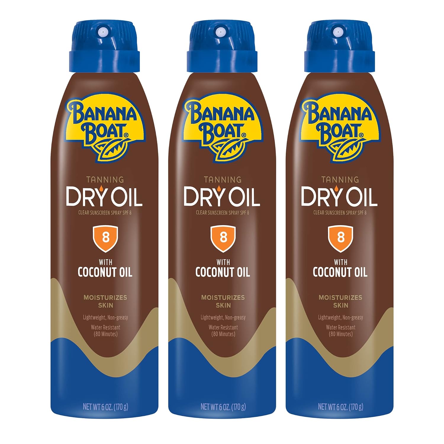 Banana Boat Tanning Dry Oil Clear Spray Sunscreen SPF 8, 6oz | Tanning Sunscreen Spray, Banana Boat Dry Oil, 8 SPF Tanning Oil, Dry Tanning Oil Spray, Oxybenzone Free Sunscreen, 6oz (Pack of 3)