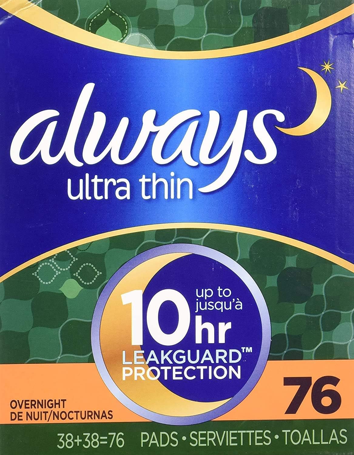 Always Ultra Overnight With Wings, Unscented Thin Pads 76 Count : Health & Household