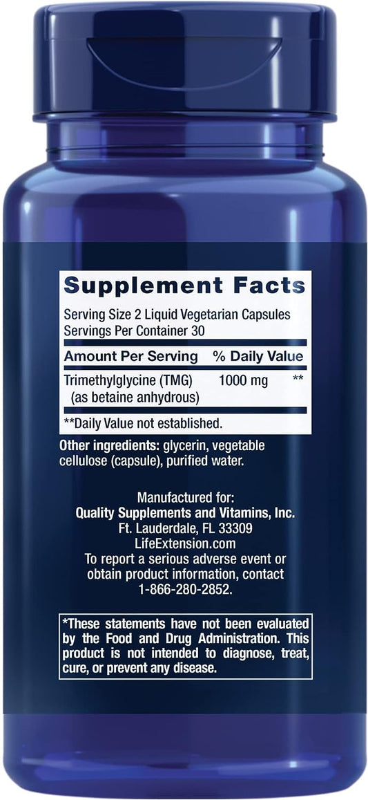 Life Extension Tmg 500 Mg – Trimethylglycine Supplement – Encourages Healthy Homocysteine Levels – Gluten-Free – Non-Gmo – Vegetarian – 60 Liquid Vegetarian Capsules