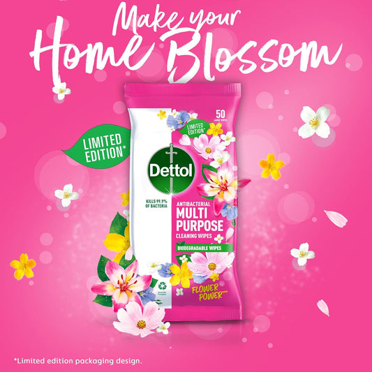 Dettol Flower Power Antibacterial Multipurpose Biodegradable Cleaning Wipes | Peony & Rose Fragrance | Limited Edition | 50S (Pack Of 8)