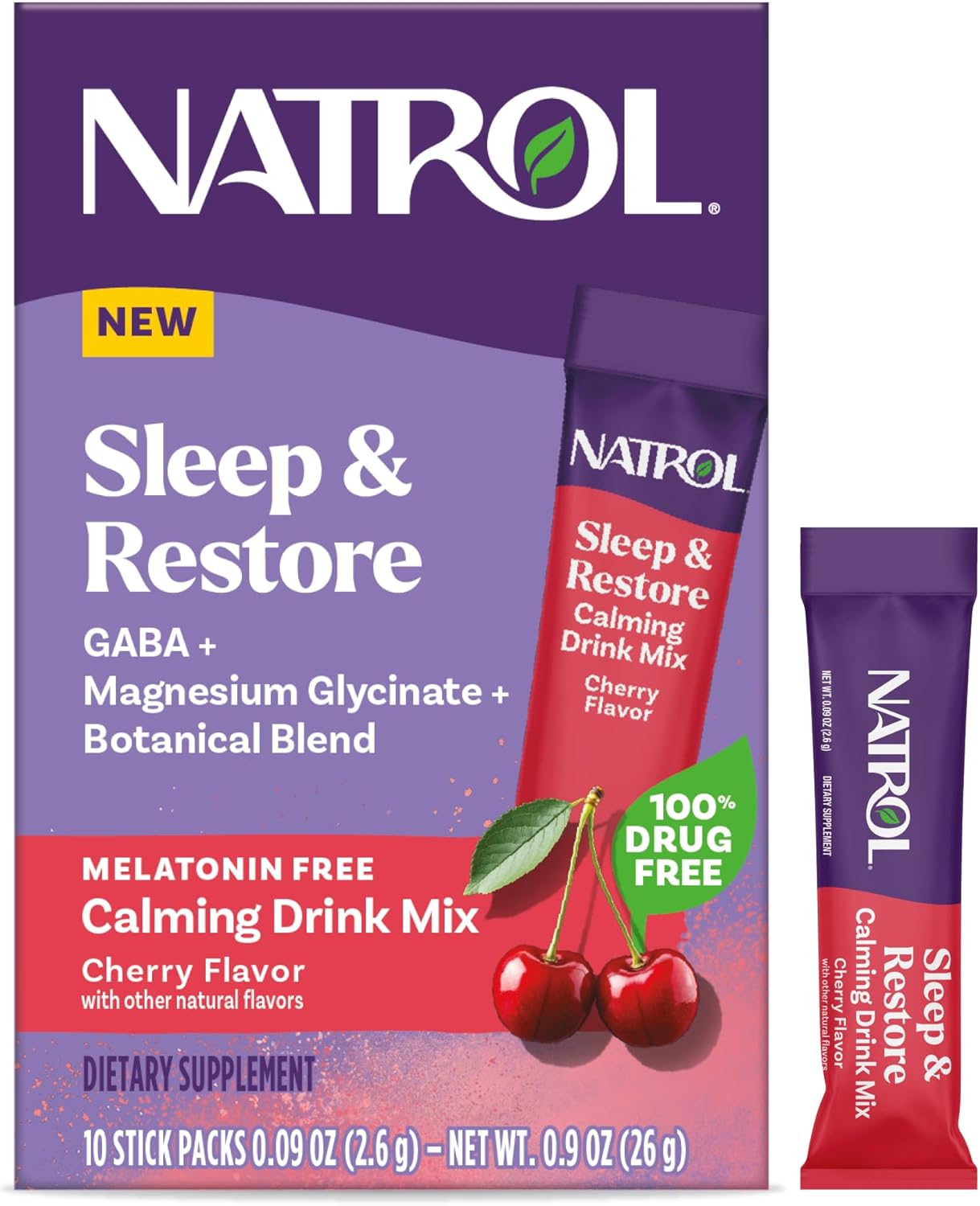 Natrol Sleep + Restore Calming Drink Mix, Gaba, Magnesium Glycinate, Botanical Blend, Melatonin-Free, For A Better Night’S Sleep, Cherry Flavored, 10 Stick Packs