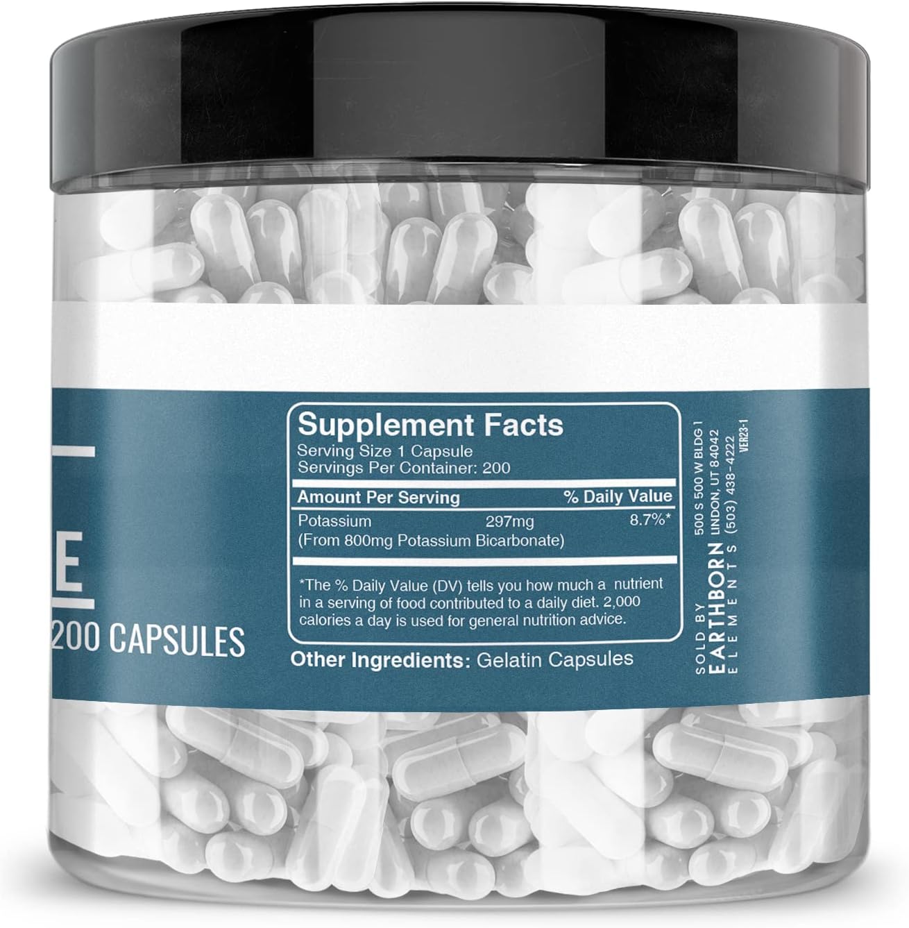 Earthborn Elements Potassium Bicarbonate 200 Capsules, Pure & Undiluted, No Additives
