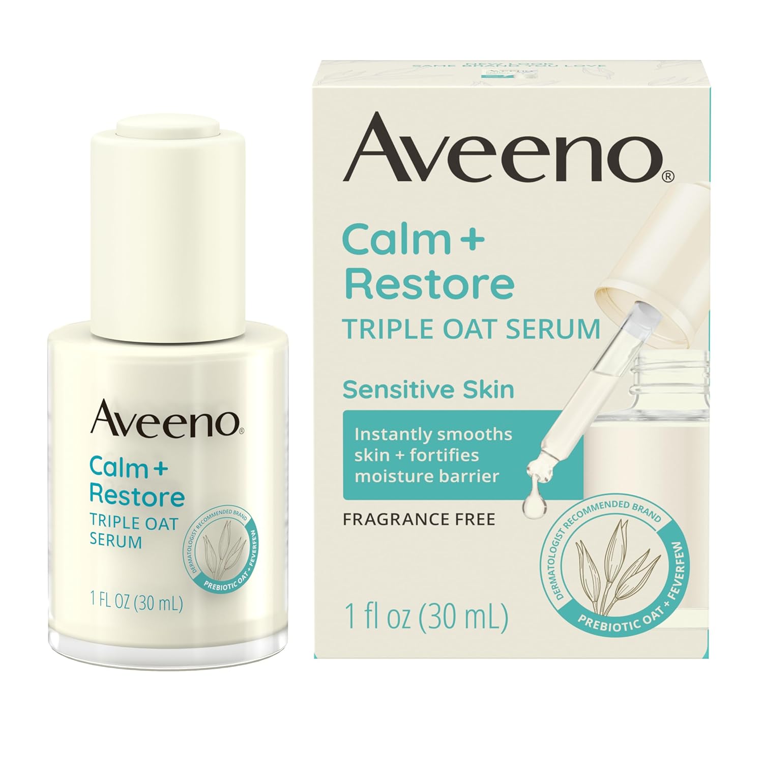 Aveeno Calm + Restore Triple Oat Hydrating Face Serum For Sensitive Skin, Gentle And Lightweight Facial Serum To Smooth And Fortify Skin, Hypoallergenic, Fragrance- And Paraben-Free, 1 Fl. Oz