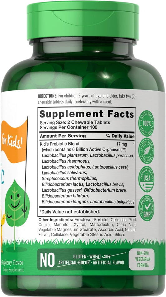 Carlyle Probiotics For Kids | 200 Chewable Tablets | 6 Billion Cfus | Raspberry Flavor | Non-Gmo, Gluten Free Probiotics For Children | By Lil' Sprouts