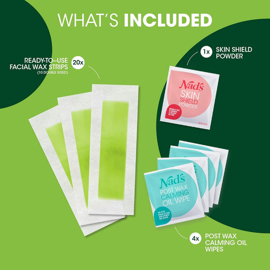 Nad'S Facial Wax Strips - Facial Hair Removal For Women, Face Wax Strips, Includes 20 Waxing Strips + 4 Calming Oil Wipes, Hypoallergenic