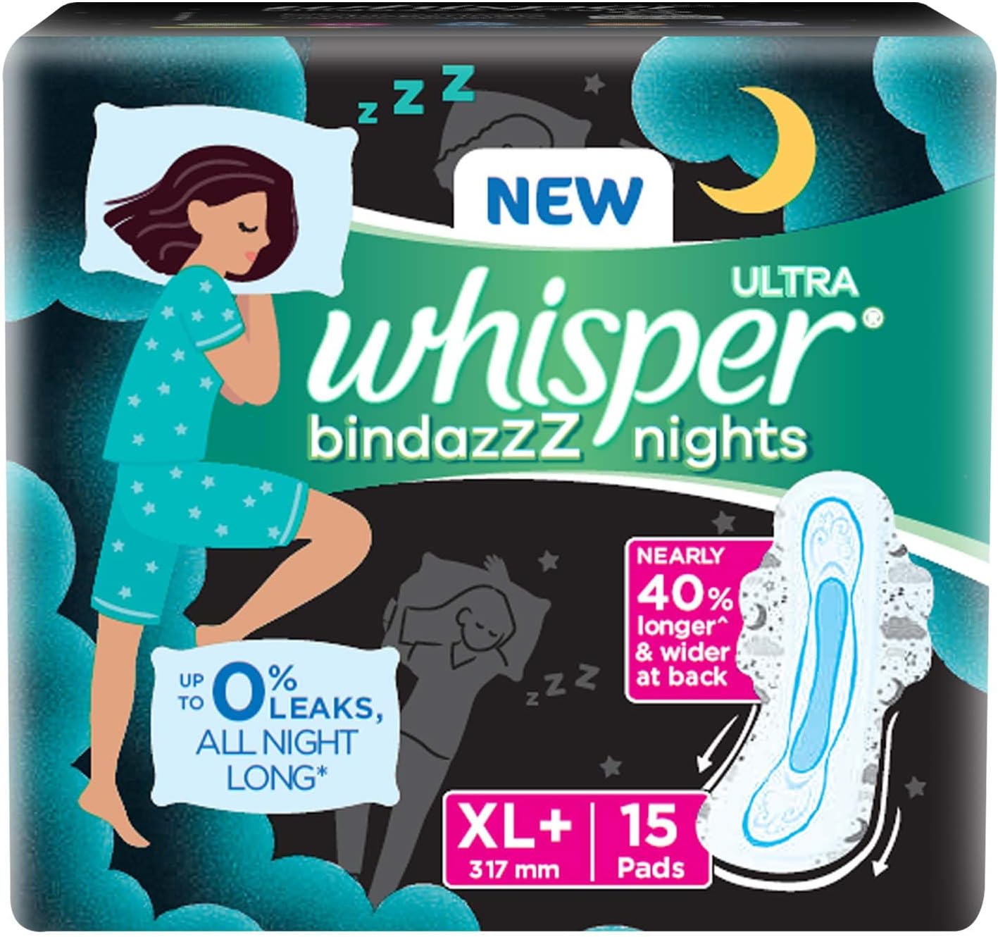 Whisper Ultra Night Sanitary Pads for Women, XL+ 15 Napkins