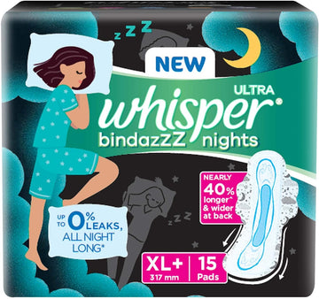 Whisper Ultra Night Sanitary Pads for Women, XL+ 15 Napkins