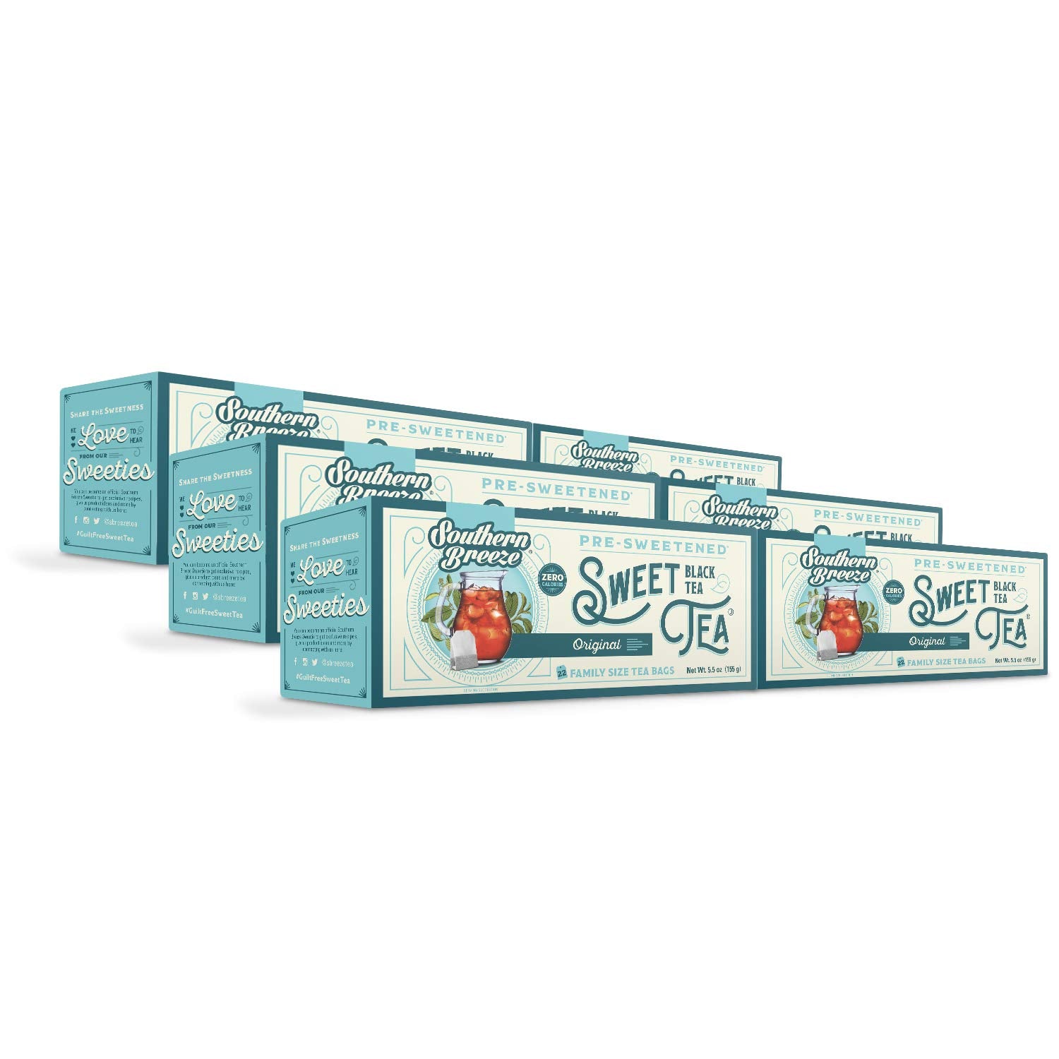 Southern Breeze Hot Brew Sweet Tea Original Iced Tea With Black Tea And Zero Carbs Zero Sugar, 22 Individually Wrapped Family Size Tea Bags, Pack Of 6
