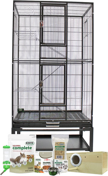 Congo Cage & Starter Package For Squirrels - Includes Durable Cage, Healthy Food, Natural Treat, Water Bottle, Food Dish, Nest Box & Bedding