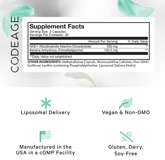 Codeage Liposomal Nad+ Supplement - Betaine Anhydrous - Liposomal For Bioavailability - Energy, Metabolism, And Healthy Aging Support - Nad Nicotinamide Adenine Dinucleotide Formula - 60 Capsules