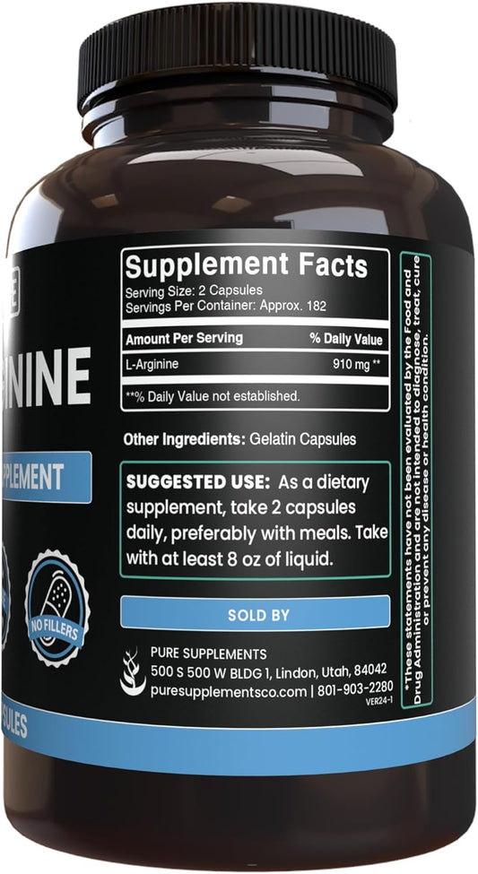 Pure Original Ingredients L-Arginine (365 Capsules) No Magnesium Or Rice Fillers, Always Pure, Lab Verified