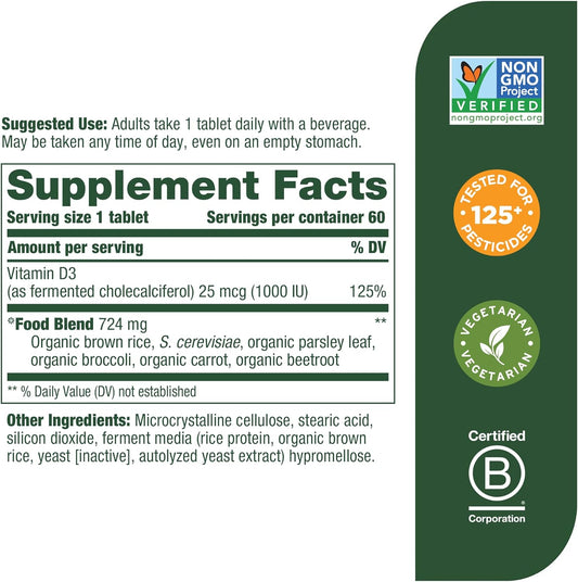 MegaFood Vitamin D3 1000 IU (25 mcg) - Immune Support Supplement - Bone Health - With easily-absorbed Vitamin D3 ? Plus real food - Non-GMO, Vegetarian - Made Without 9 Food Allergens - 60 Tabs