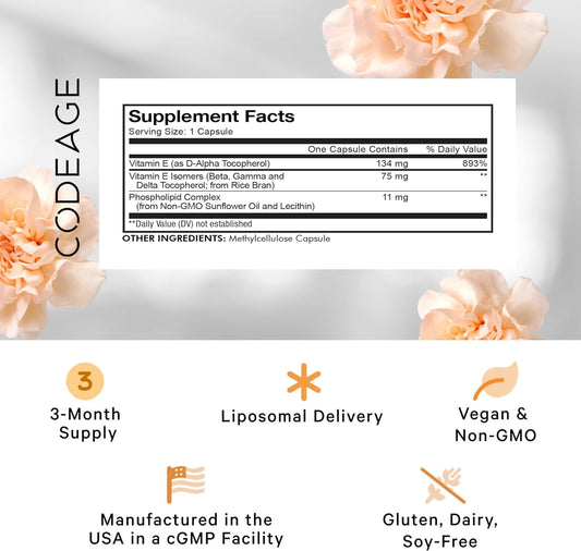 Codeage Liposomal Vitamin E Supplement, All Vitamin E Tocopherols - Alpha Tocopherol, Beta, Gamma, Delta - Liposomal For Bioavailability - Antioxidant Vitamin E Isomers - 3-Month Supply, 90 Capsules