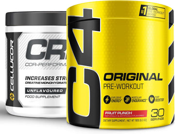 Cellucor Pre Workout & Creatine Bundle, C4 Original Pre Workout Powder, Fruit Punch, 30 Servings + Cor Performance Creatine Powder, 72 Servings