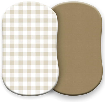 Pobibaby - 2 Pack Premium Bassinet Sheets For Standard Bassinets - Ultra-Soft Jersey Knit, Stylish Floral Pattern, Safe And Snug For Baby (Gingham Khaki)