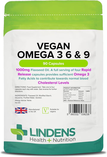 Lindens - Vegan Omega 3, 6 & 9-90 Capsules - 1000Mg Flaxseed Oil, Uk Made - Essential Omega Fatty Acids, Normal Blood Cholesterol Levels - Brain, Heart & Eyes - Letterbox Friendly