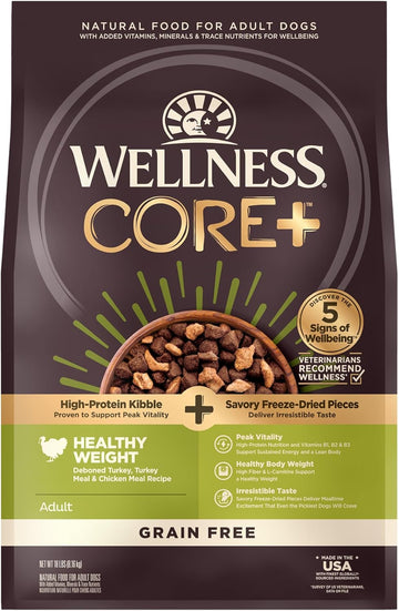 Wellness Core+ (Formerly Rawrev) Grain Free Natural Dry Dog Food, Healthy Weight Deboned Turkey & Chicken With Freeze Dried Turkey Recipe, 18-Pound Bag