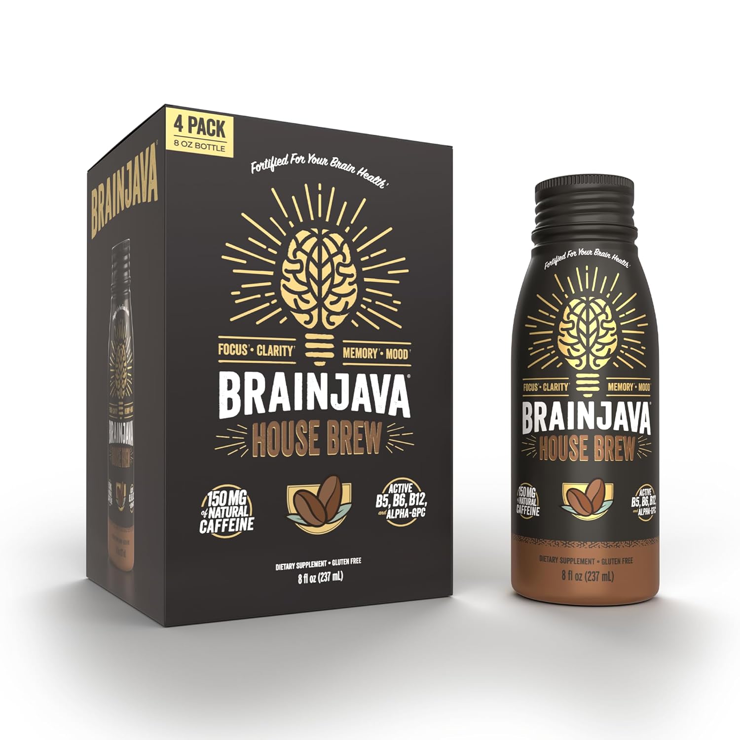 Brainjava House Brew Ready To Drink Coffee, 4 Pack, Black Fair Trade Arabica Coffee With 150Mg Caffeine, L-Theanine, Potassium, B Vitamins, For Focus, Clarity, Gluten Free, Vegan, 8 Fl Oz Bottles