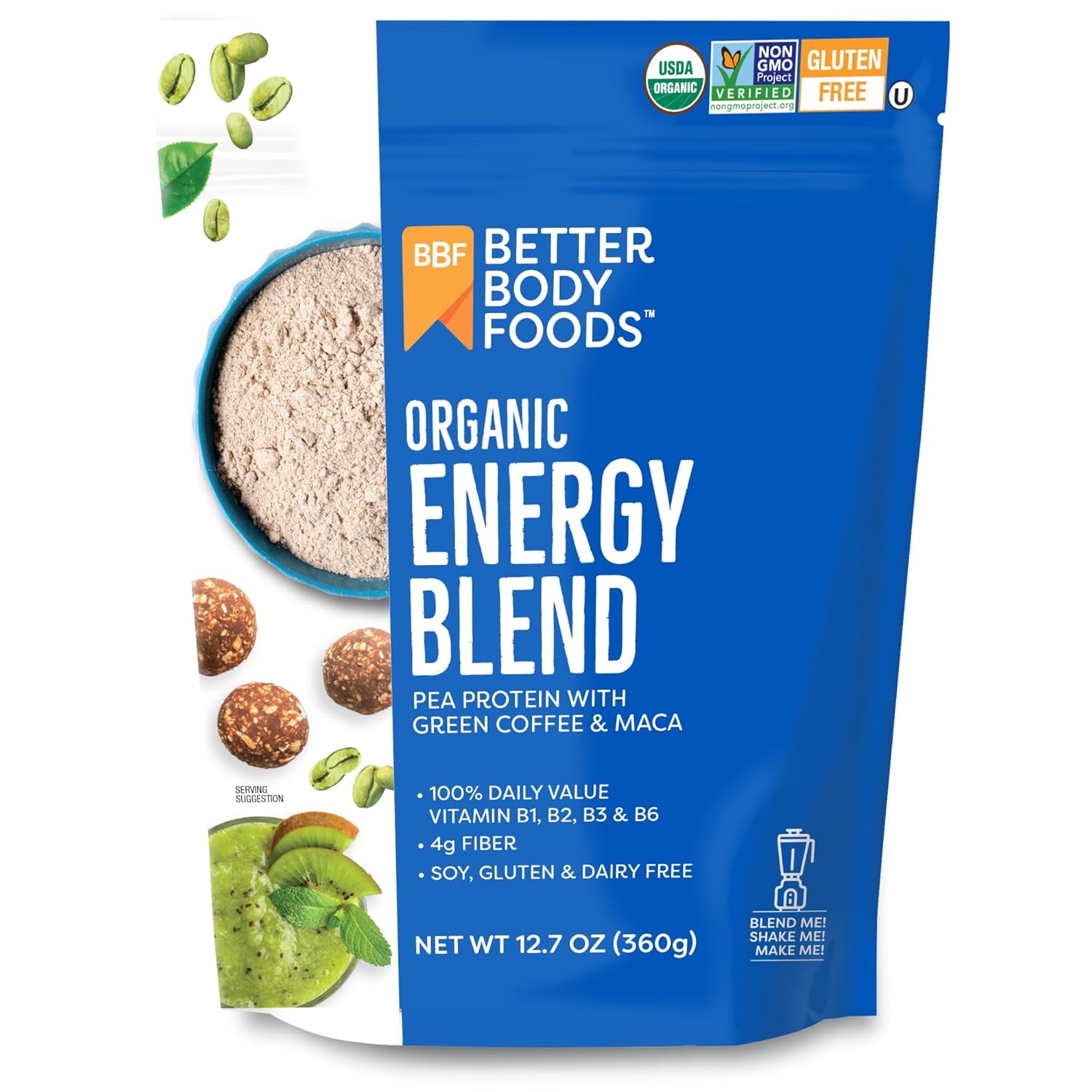Betterbody Foods Organic Energy Blend, Plant-Based Protein Blend Made With Naturally Energizing Green Coffee Extract And Maca, Gluten-Free, Non-Gmo, 12.7 Ounces