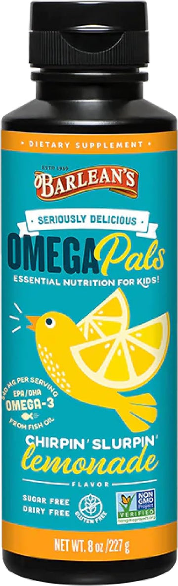 Barlean's Omega Pals Chirpin' Slurpin' Omega 3 for Kids, Yummy Lemonade Flavored Children's Liquid Fish Oil Supplement with 540 mg of EPA & DHA for Brain & Eye Health, 8 oz