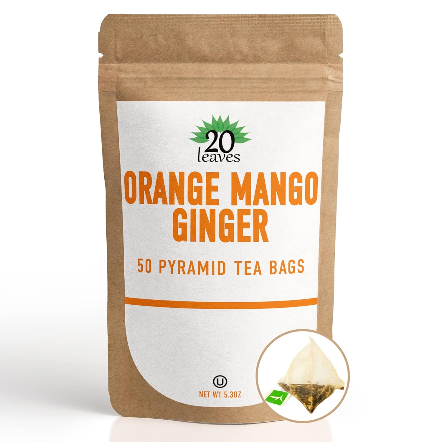Orange Mango Ginger Green Tea - 50 Pyramid Tea Bags Sachets In A Resealable Bag