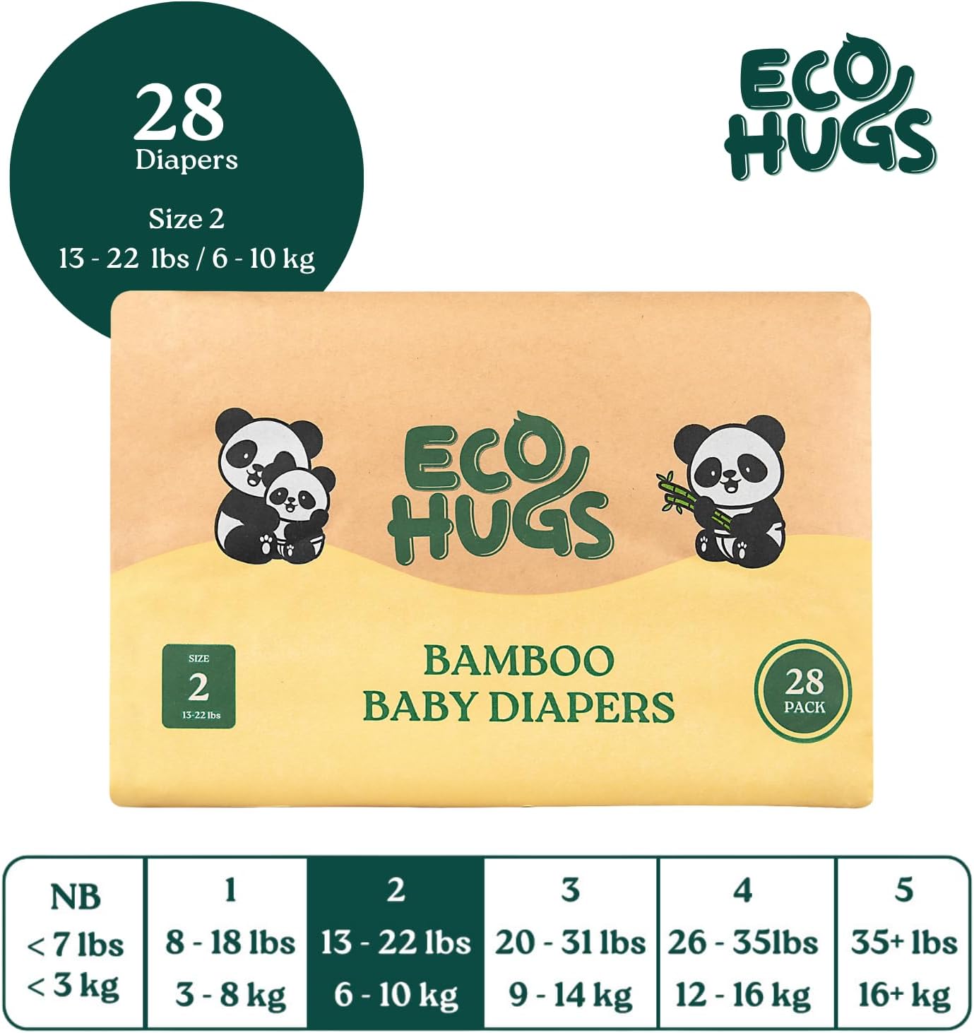 Ecohugs Organic Bamboo Diapers Size 2 | Ultra-Soft Disposable Baby Diapers | Hypoallergenic And Super Absorbent | Unscented And Totally Chlorine Free | Pack Of 28
