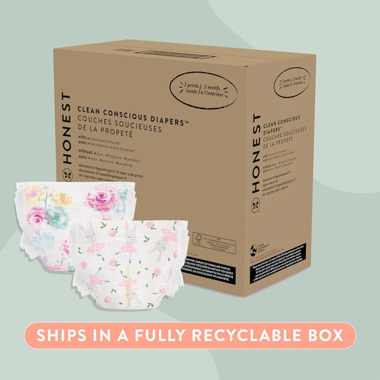 The Honest Company Clean Conscious Diapers | Plant-Based, Sustainable | Rose Blossom + Tutu Cute | Super Club Box, Size 1 (8-14 Lbs), 136 Count