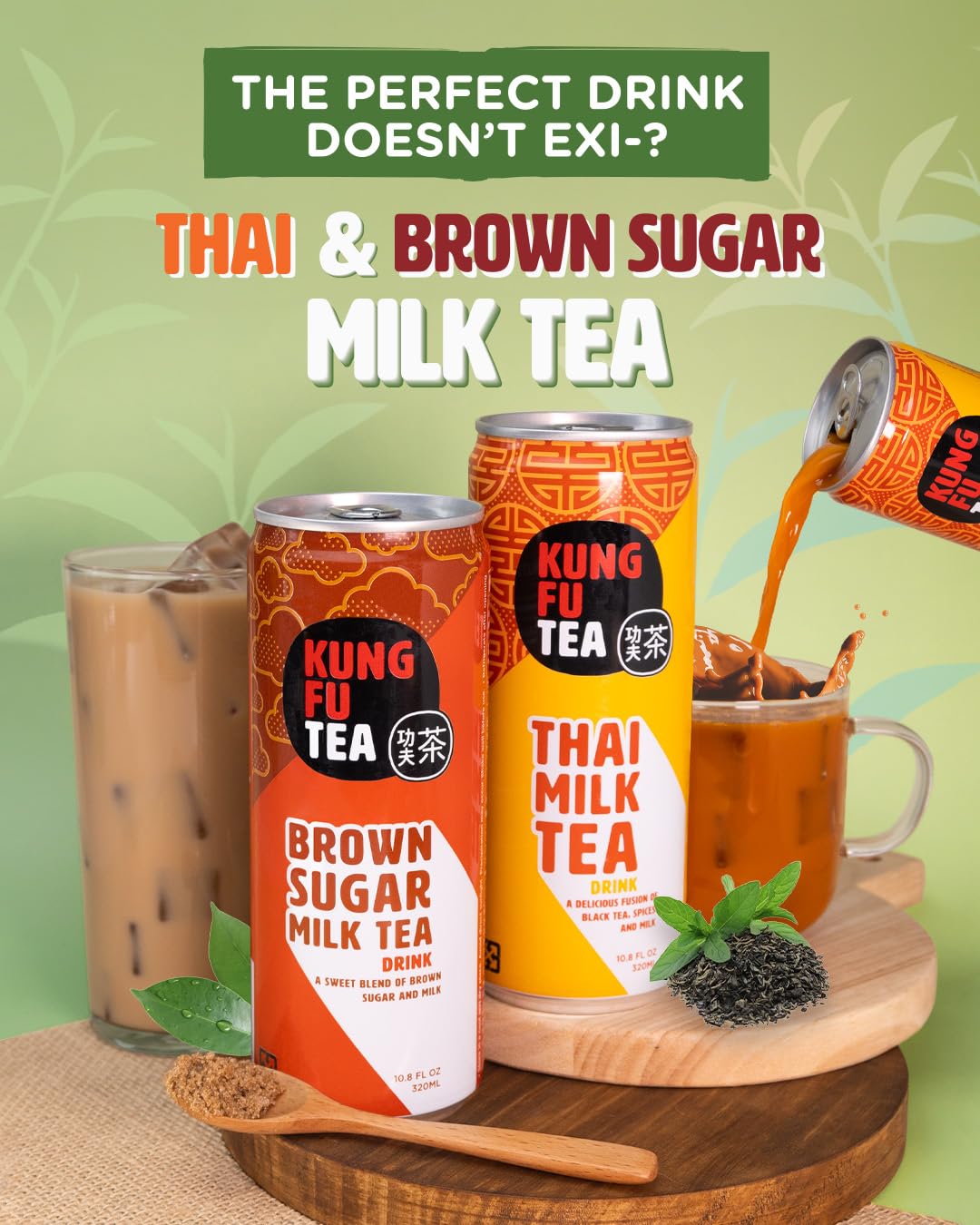 Kung Fu Tea Brown Sugar Milk Tea And Thai Milk Tea Can Drink (6 Cans/Pack) (3 Brown Sugar Cans And 3 Thai Milk Tea Cans)